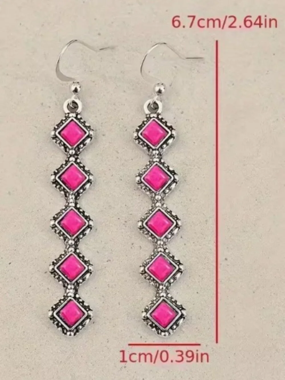 Retro Style Bohemian Long Strip Square Spliced Pink Turquoise Earrings